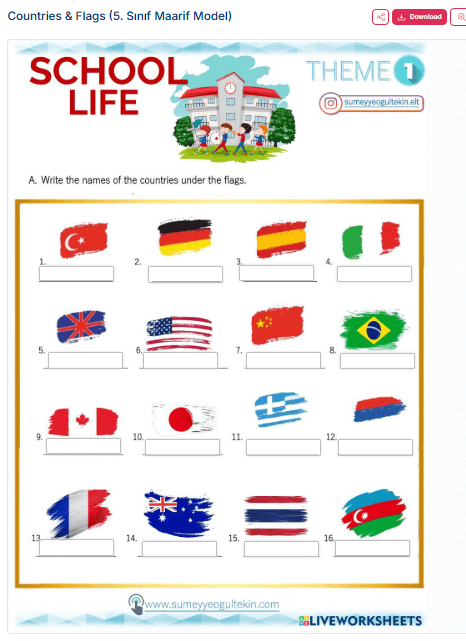 Theme 1 - Countries & Flags Interactive Worksheet (Maarif Model)